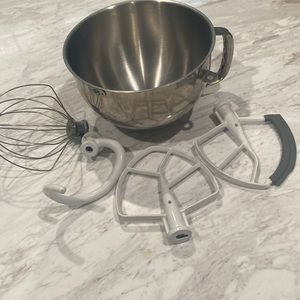 KitchenAid mixer stainless bowl and whisk, dough hook and 2 mixing tools